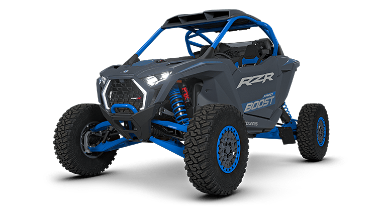 Polaris RZR Pro R Boost 2027, vue trois-quarts avant en Azure Stealth Gray